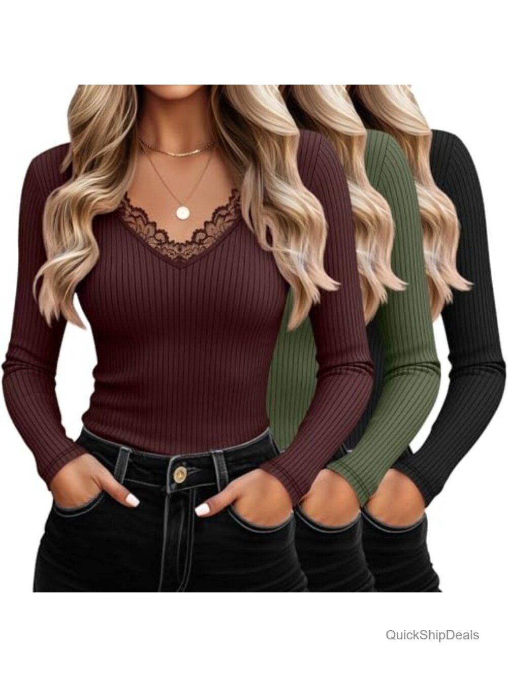 3 Pack Women's Cotton Ribbed Lace Trim V-Neck Long Sleeve Tops